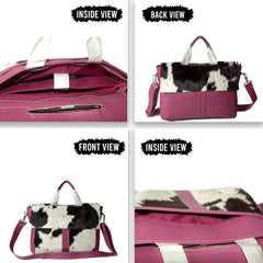 Stylish Cowhide Leather Laptop Bag with Animal Print & Natural Fur - Handcrafted Unisex Messenger Bag for Business - Travel