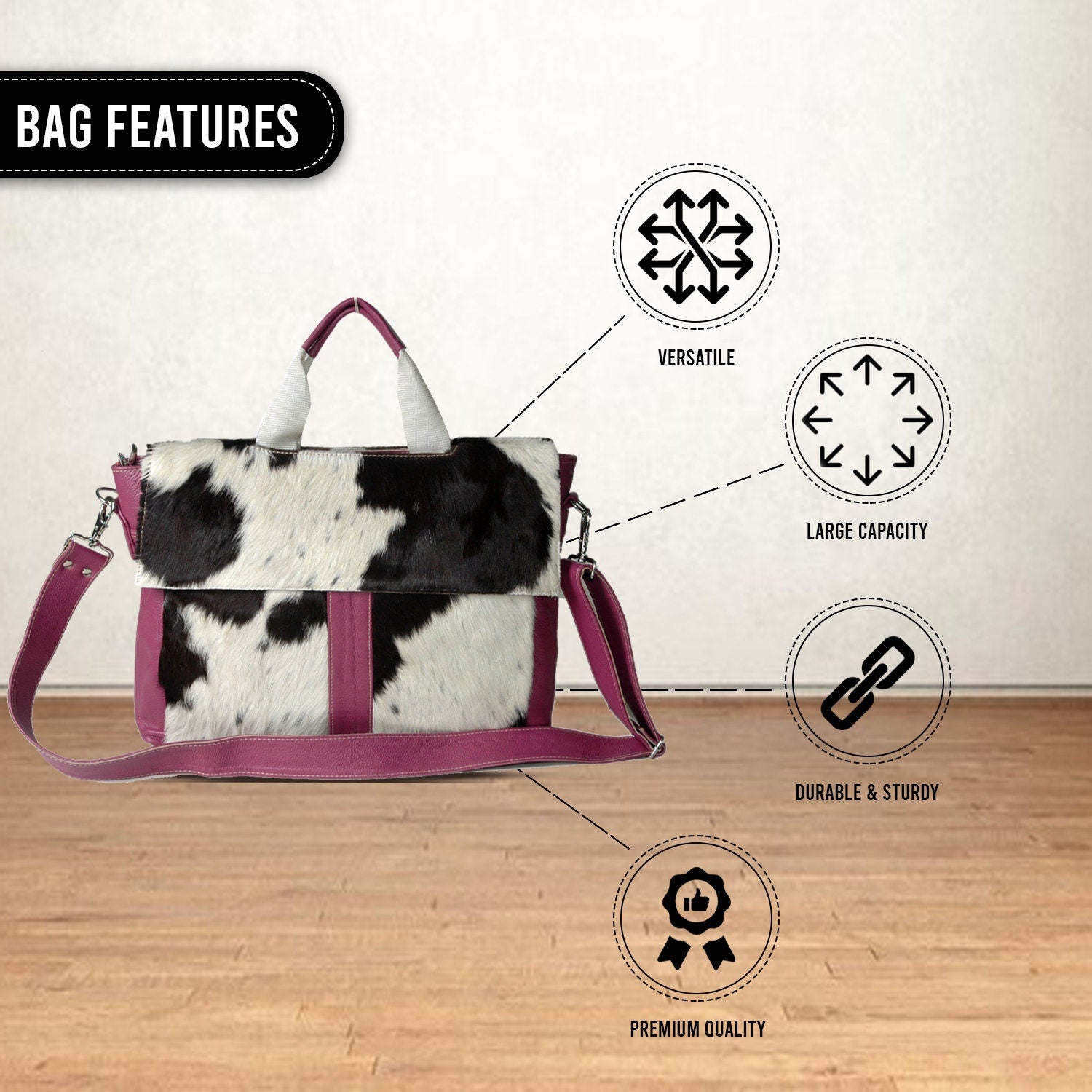 Stylish Cowhide Leather Laptop Bag with Animal Print & Natural Fur - Handcrafted Unisex Messenger Bag for Business - Travel