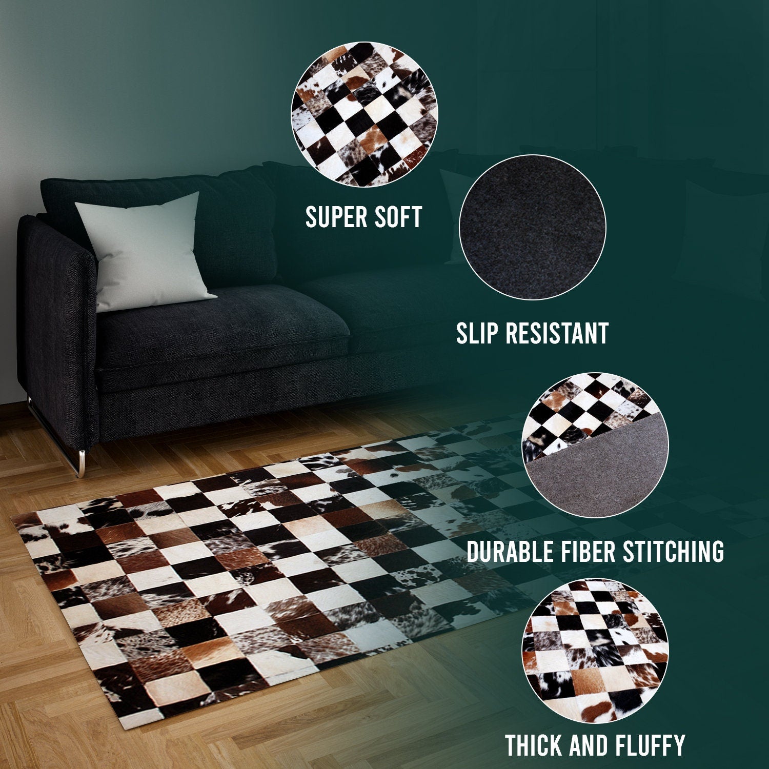 Luxurious Handmade Cowhide Patchwork Rug - Unique Leather Area Rug for Home Décor