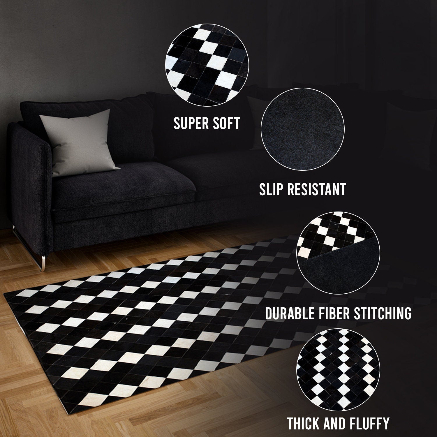 Luxurious Handmade Cowhide Patchwork Rug - Unique Natural Cow Skin Home Decor - Zig Zag Stitching - Genuine Leather Area Rug - Custom Sizes