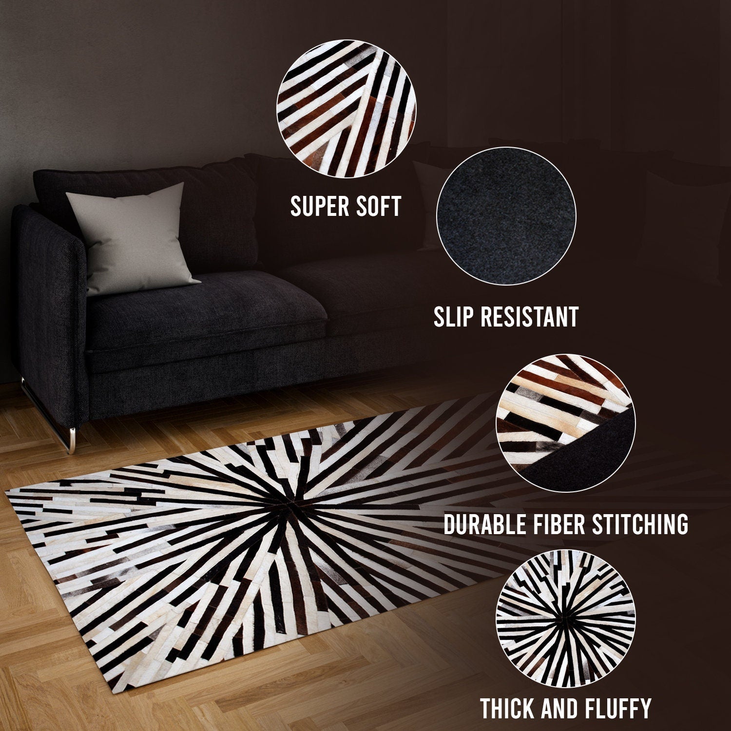 Luxurious Handmade Cowhide Patchwork Rug with Zig Zag Stitching - Unique Home Decor Accent - Custom Orders Available