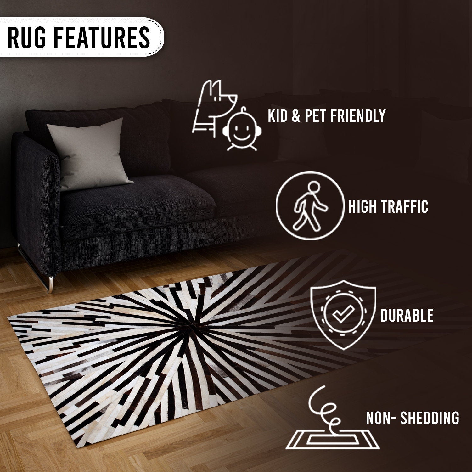 Luxurious Handmade Cowhide Patchwork Rug with Zig Zag Stitching - Unique Home Decor Accent - Custom Orders Available