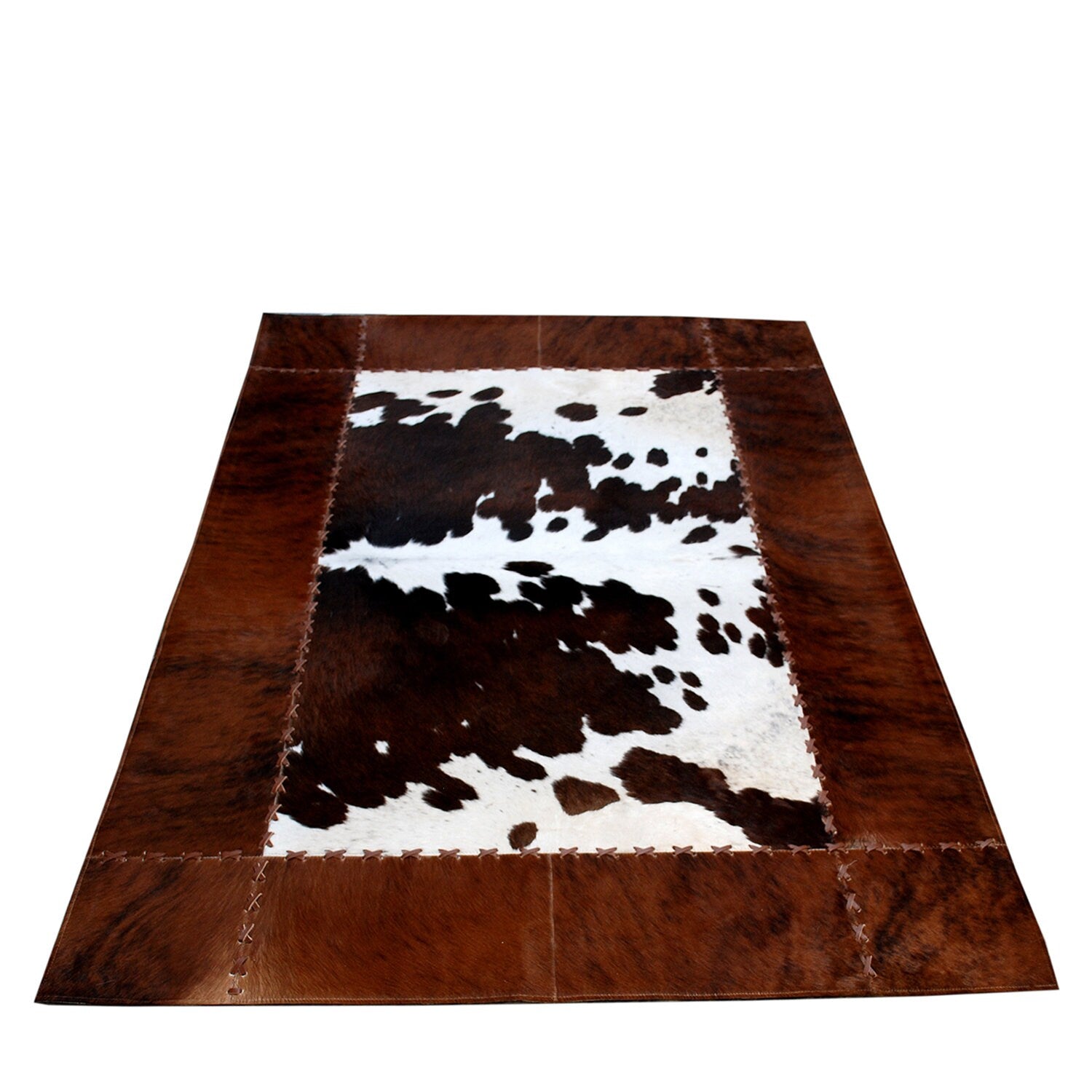 Luxurious Handmade Cowhide Patchwork Rug with Zig Zag Stitching - Unique Home Décor Statement Piece - Genuine Leather Area Rug