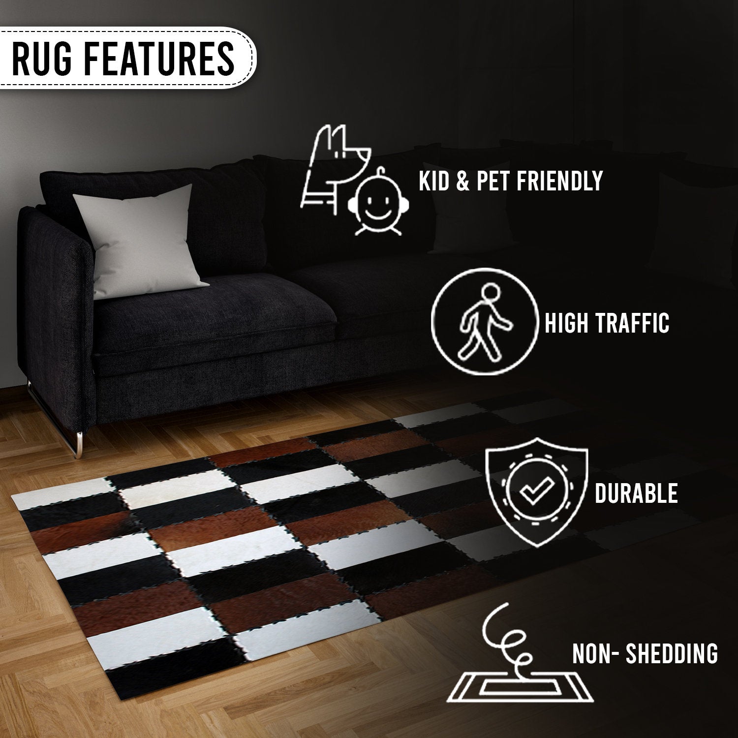 Handmade Genuine Cowhide Patchwork Rug with Zig Zag Stitching - Unique & Luxurious Area Rug for Home Décor - Custom Sizes Available