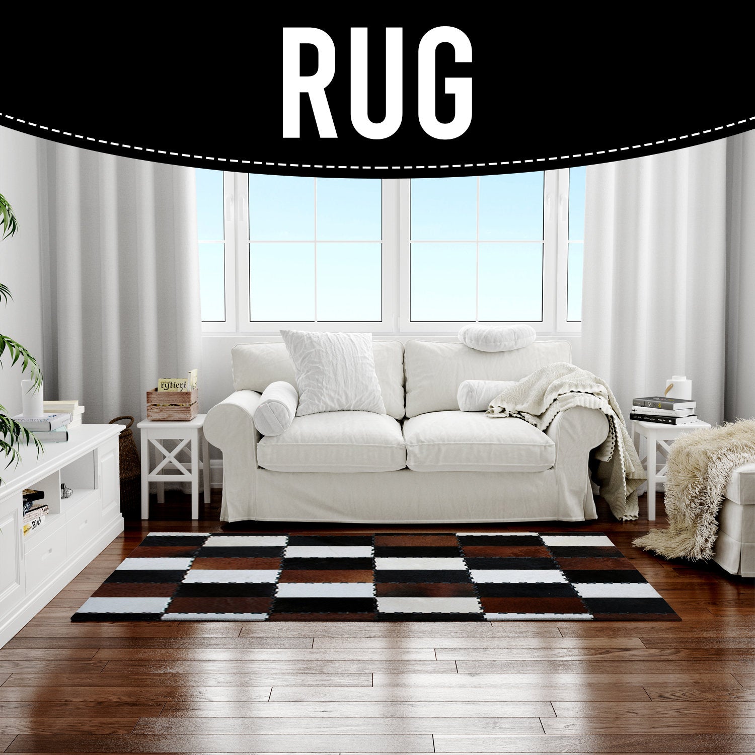 Handmade Genuine Cowhide Patchwork Rug with Zig Zag Stitching - Unique & Luxurious Area Rug for Home Décor - Custom Sizes Available