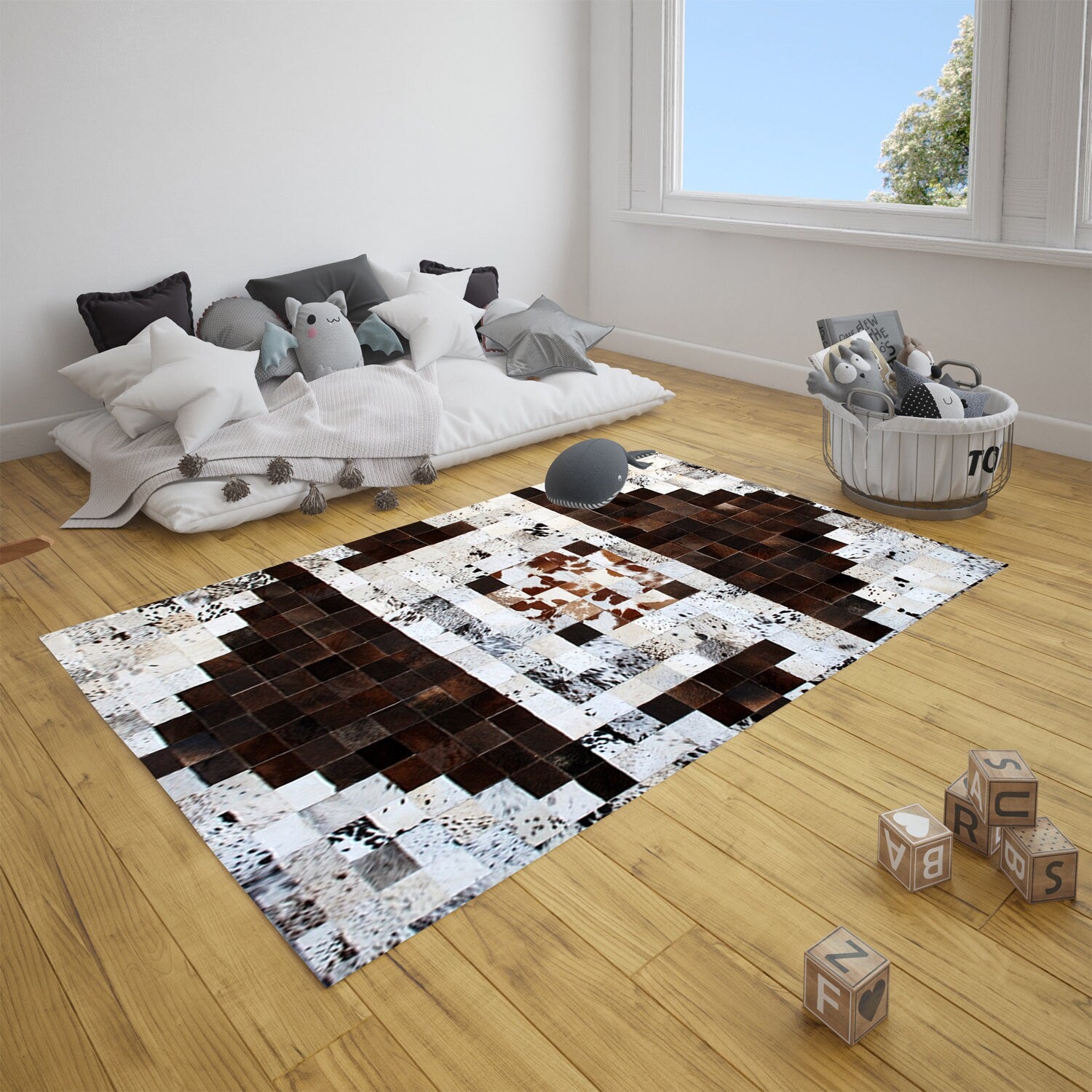 Luxurious Handmade Cowhide Patchwork Rug - Unique Natural Leather Décor Accent with Zig Zag Stitching