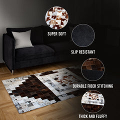 Luxurious Handmade Cowhide Patchwork Rug - Unique Natural Leather Décor Accent with Zig Zag Stitching