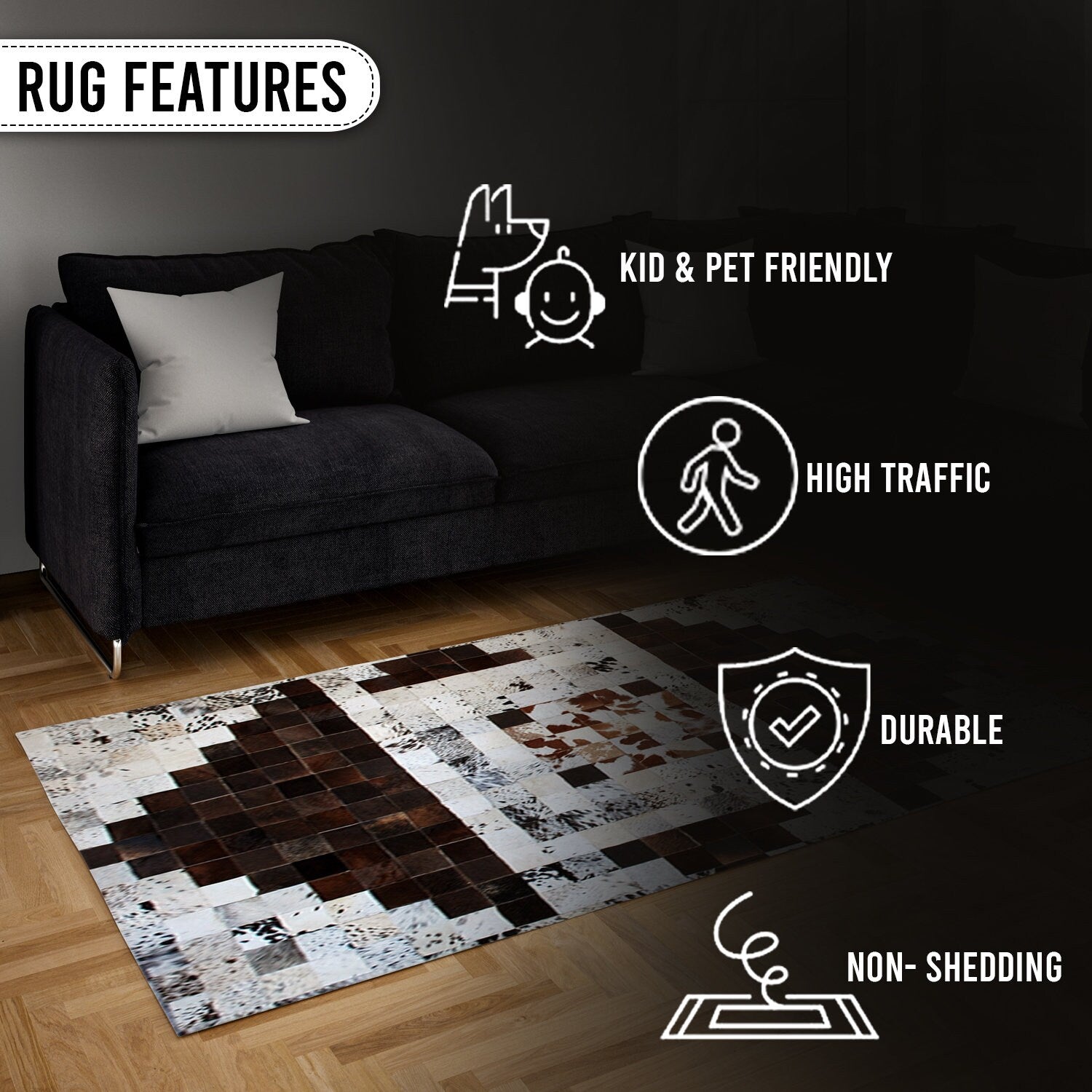 Luxurious Handmade Cowhide Patchwork Rug - Unique Natural Leather Décor Accent with Zig Zag Stitching