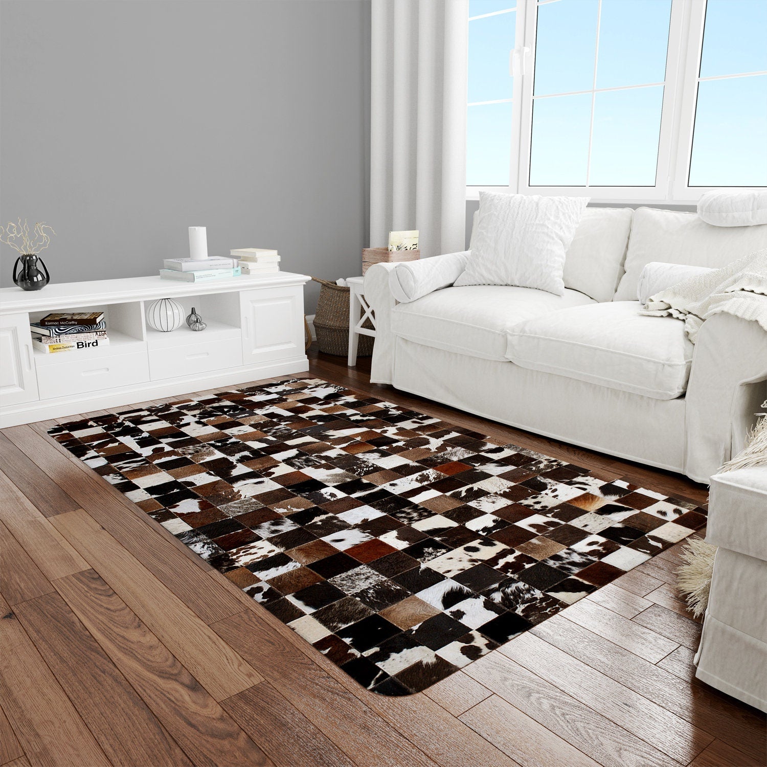 Luxurious Handmade Natural Cowhide Patchwork Rug for Home Décor - Unique & Practical Area Rug with Zig Zag Stitching and Natural Leather