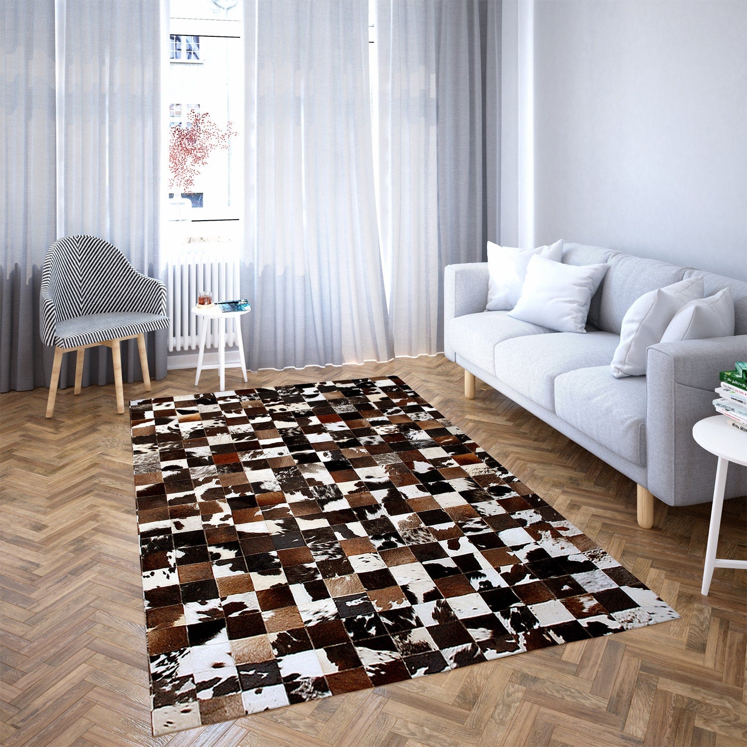 Luxurious Handmade Natural Cowhide Patchwork Rug for Home Décor - Unique & Practical Area Rug with Zig Zag Stitching and Natural Leather