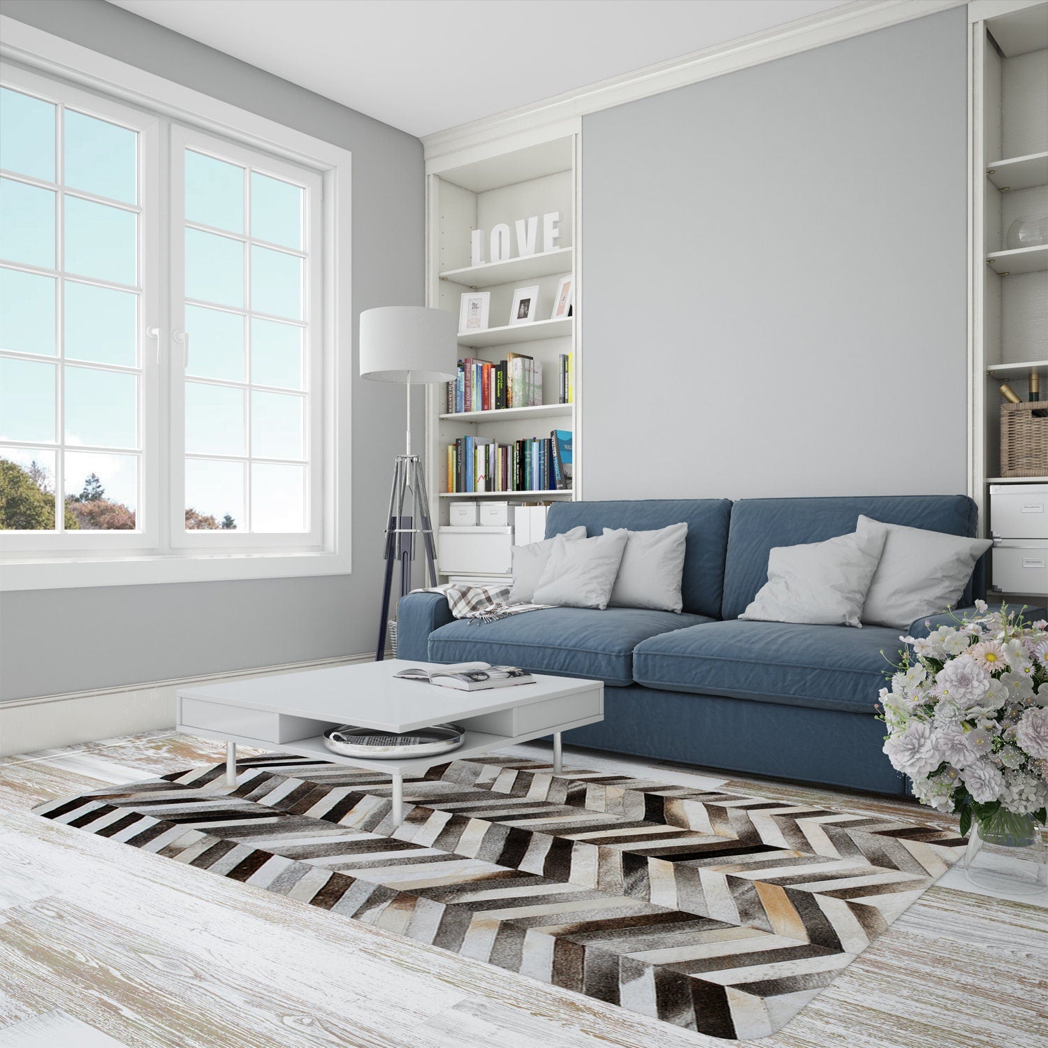 Luxurious Handmade Cowhide Patchwork Area Rug with Zig Zag Stitching - Unique & Practical Home Decor Accent