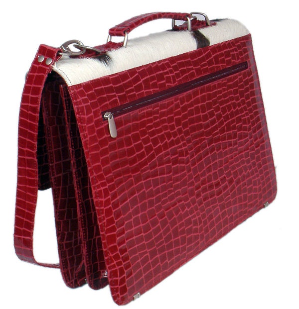 Stylish Red Crocodile Pattern Cowhide Laptop Bag with Matching Strap - Handcrafted Unique Design for Women in Multi-Colour - Button Closure