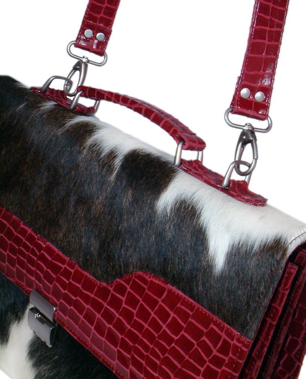 Stylish Red Crocodile Pattern Cowhide Laptop Bag with Matching Strap - Handcrafted Unique Design for Women in Multi-Colour - Button Closure