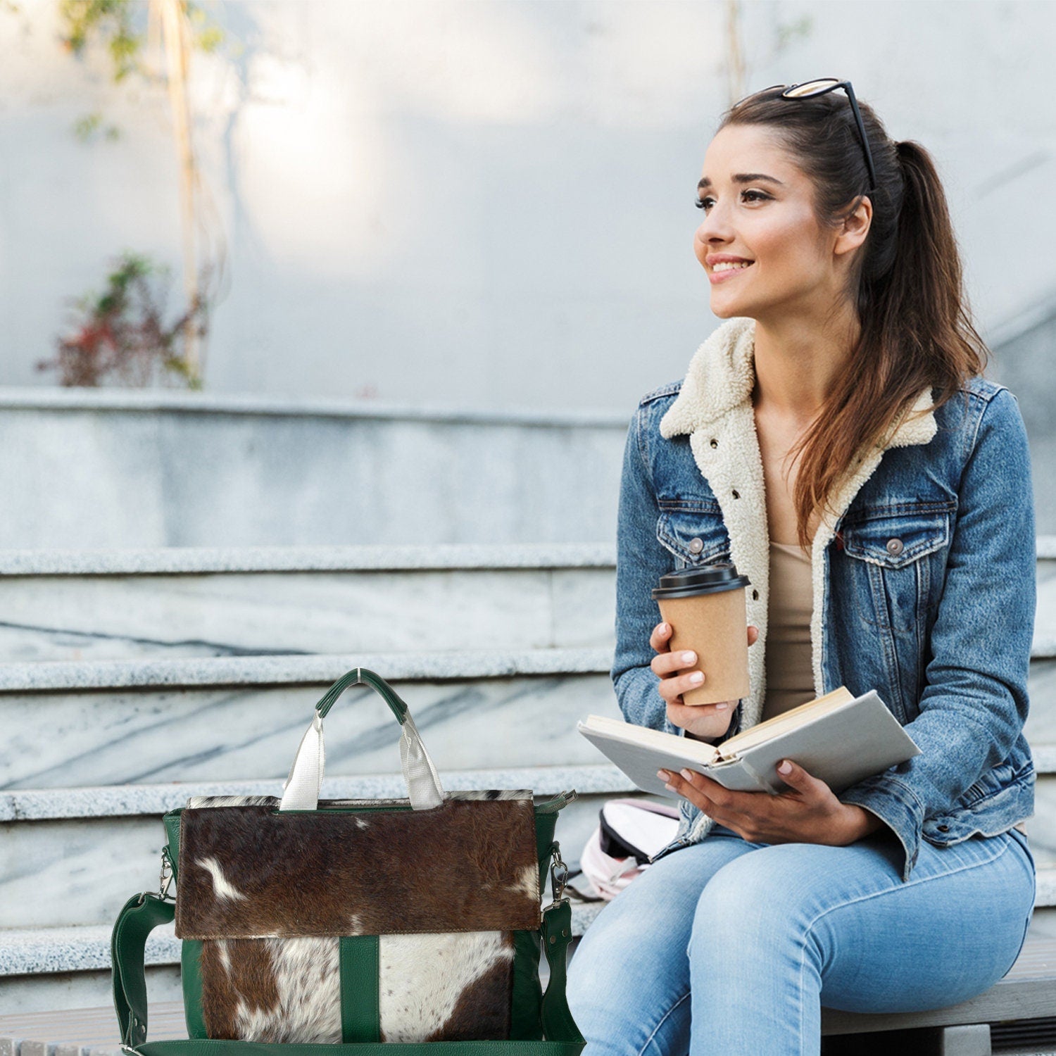 Stylish Brown And White Texture Laptop Bag With Soft Natural Fur Green Straps Business Briefcase DSC-0595