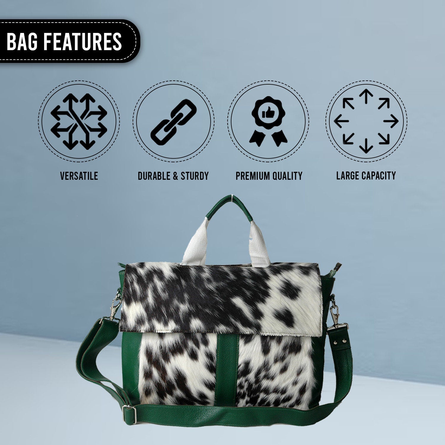 Stylish Cowhide Laptop Bag with Genuine Fur Straps Animal Print Messenger Briefcase - Eco-Friendly, Trendy Green, Unique Design
