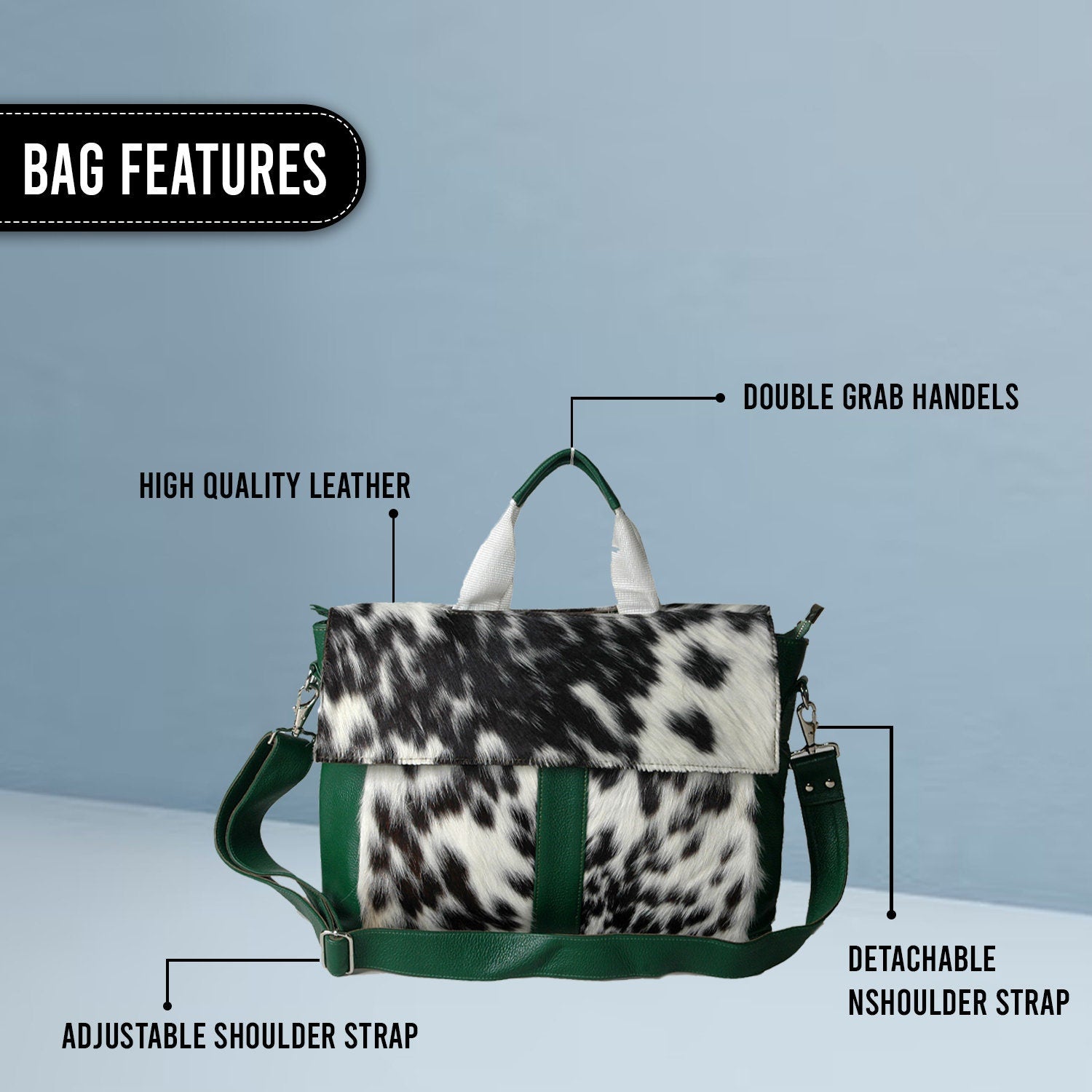 Stylish Cowhide Laptop Bag with Genuine Fur Straps Animal Print Messenger Briefcase - Eco-Friendly, Trendy Green, Unique Design