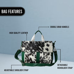 Stylish Cowhide Laptop Bag with Genuine Fur Straps Animal Print Messenger Briefcase - Eco-Friendly, Trendy Green, Unique Design