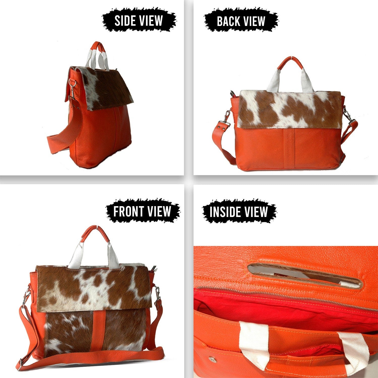 Statement-making Cow Skin Laptop Bag with Eye-Catching Orange Straps – Stylish, Functional, & Environmentally Friendly!