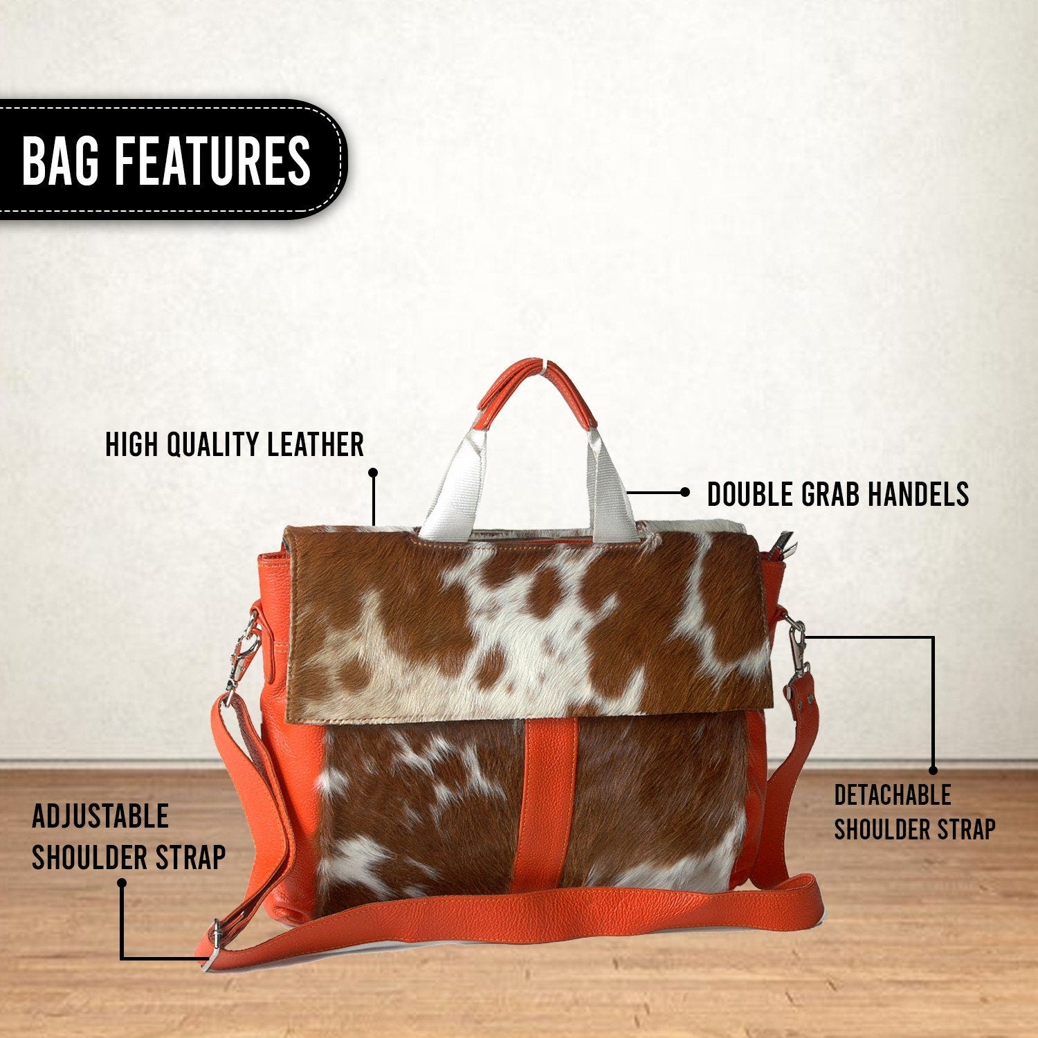 Statement-making Cow Skin Laptop Bag with Eye-Catching Orange Straps – Stylish, Functional, & Environmentally Friendly!