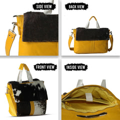 Stylish Natural Cowhide Leather Laptop Bag with Fur Accents & Yellow Straps - Eco-Friendly - Fashionable Business Briefcase for Ladies