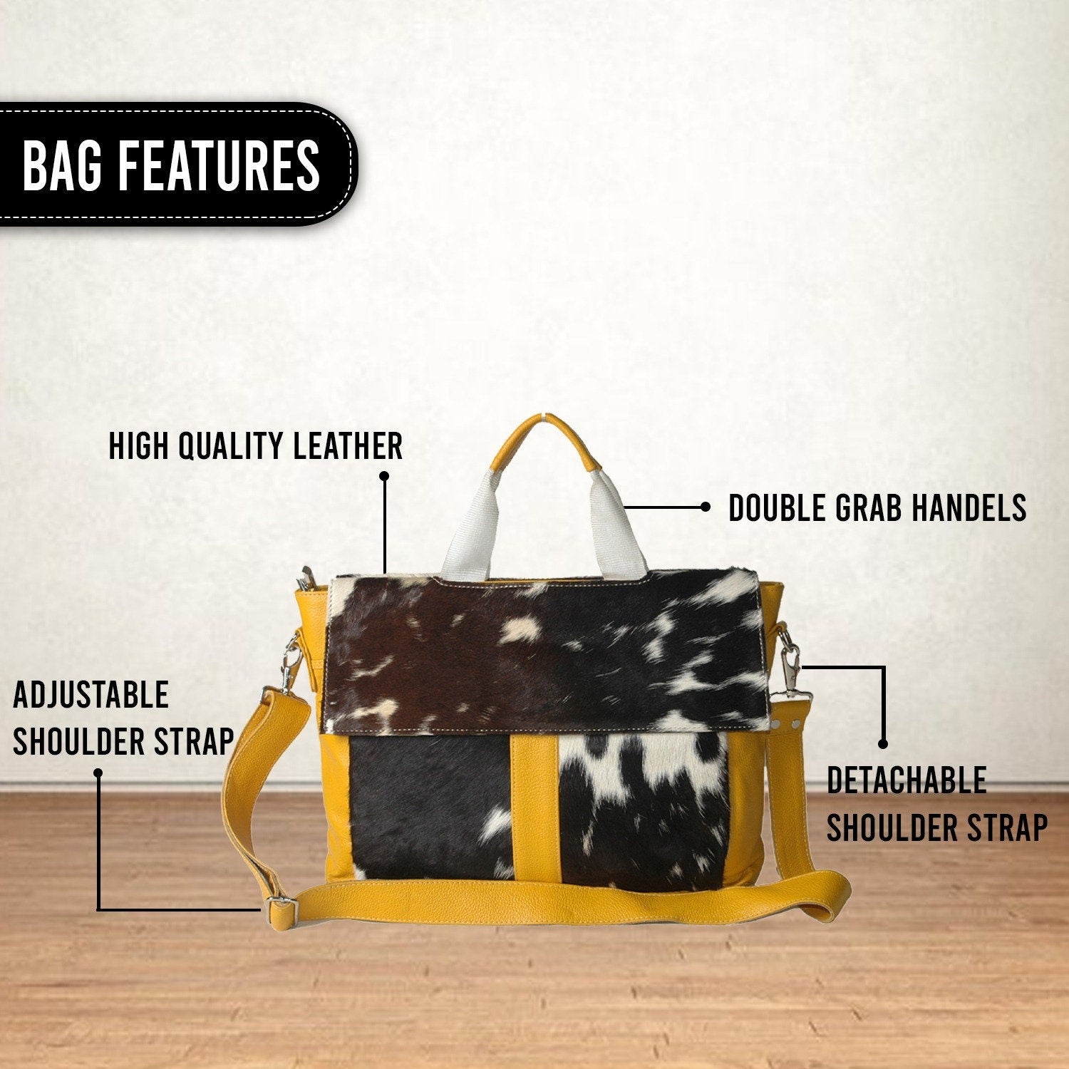 Stylish Cowhide Leather Laptop Bag with Fur Accent and Detachable Shoulder Strap, Red, Black & White Animal Print Business Briefcase