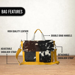 Stylish Cowhide Leather Laptop Bag with Fur Accent and Detachable Shoulder Strap, Red, Black & White Animal Print Business Briefcase