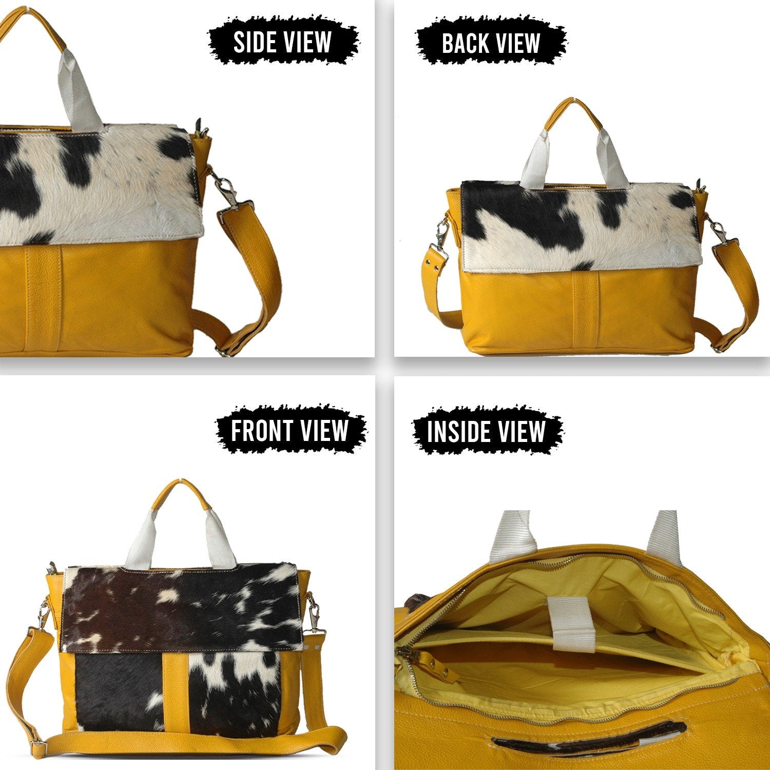 Stylish Cowhide Leather Laptop Bag with Fur Accent and Detachable Shoulder Strap, Red, Black & White Animal Print Business Briefcase