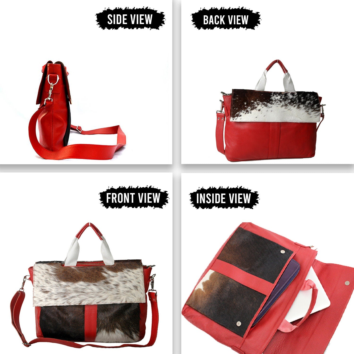 Stylish Cowhide Leather Laptop Bag Messenger Briefcase Animal Print Cowskin Hair on Bag - Sustainable Fashion with Unique Style