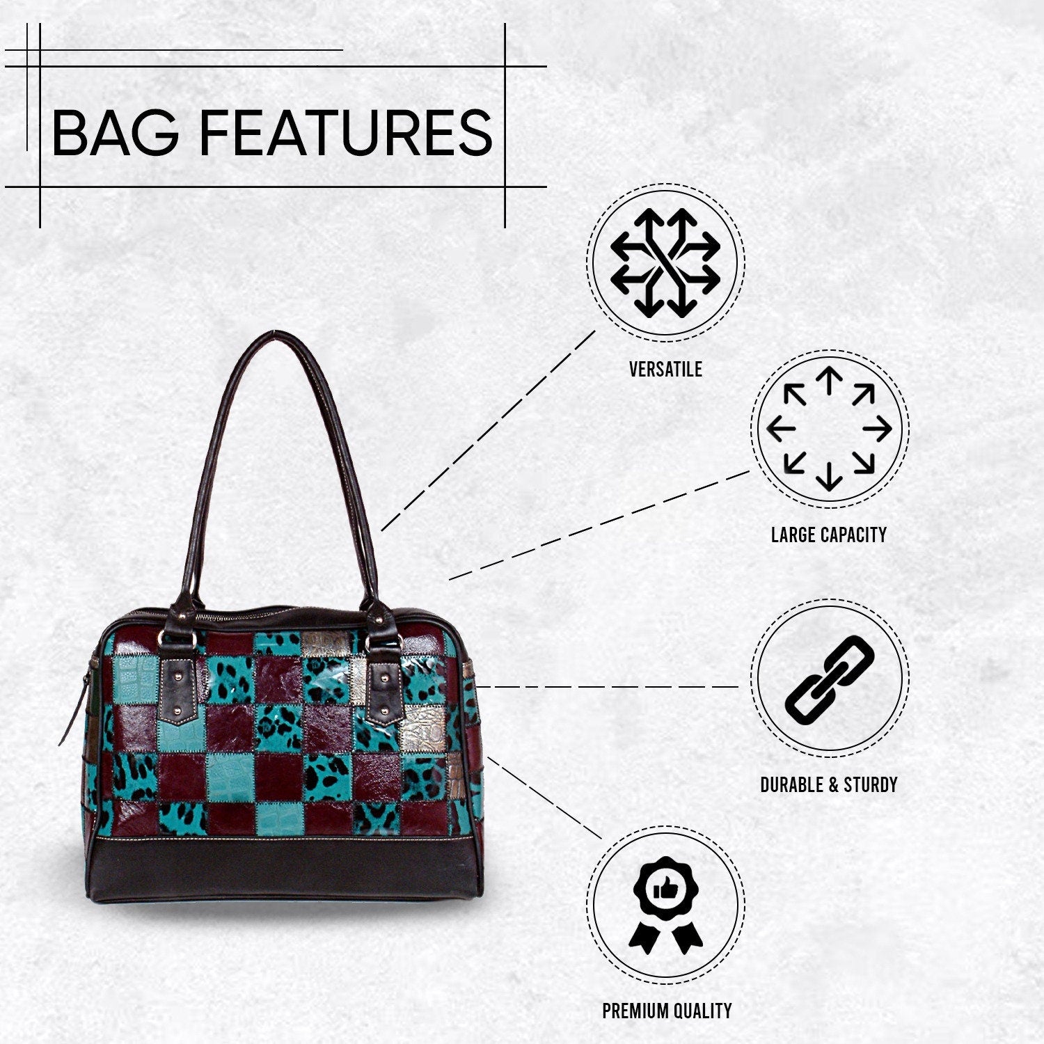 Handcrafted Leather Shoulder Bag with Unique Cowhide Markings and Vibrant Colourful Design