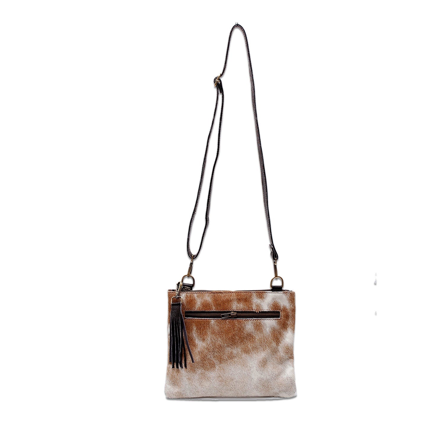 Unique Handcrafted Vegan Leather Cross Body Bag with Gold Hardware and Adjustable Strap - Elegant Evening Bag with Natural Cowhide Markings - Celestial Leather Limited