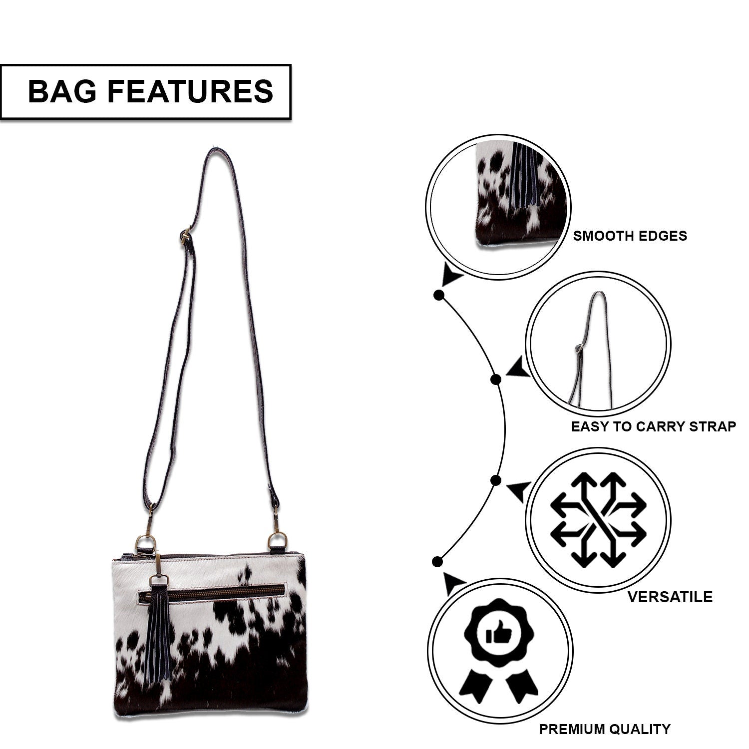 Unique Vegan Leather Handbag with Adjustable Strap and Gold Hardware - Stylish Evening Bag with Natural Cowhide Markings - Celestial Leather Limited