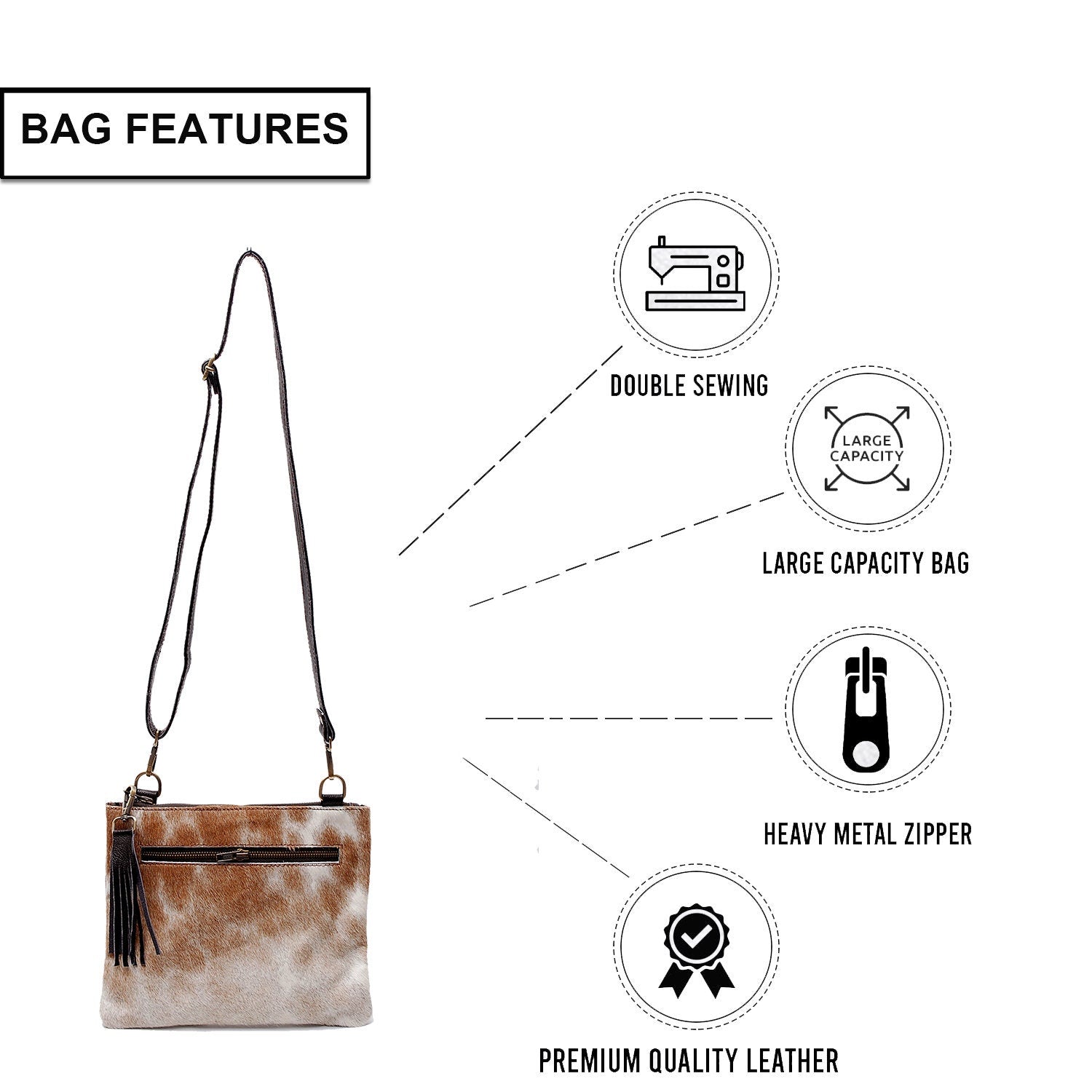 Unique Handcrafted Vegan Leather Cross Body Bag with Gold Hardware and Adjustable Strap - Elegant Evening Bag with Natural Cowhide Markings - Celestial Leather Limited