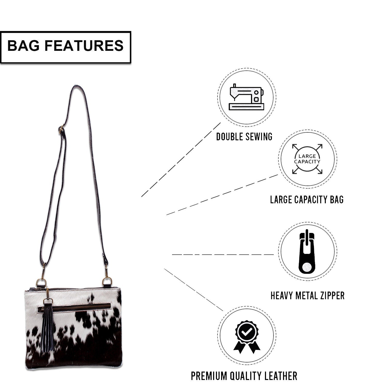 Unique Vegan Leather Handbag with Adjustable Strap and Gold Hardware - Stylish Evening Bag with Natural Cowhide Markings - Celestial Leather Limited