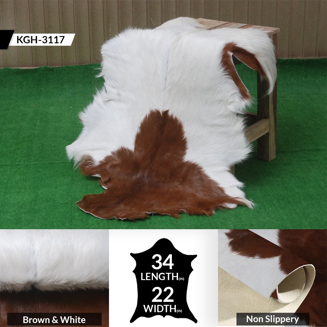 Luxurious Brown and White Premium Goat Hide Hair-on Rug - Handpicked, Handcrafted, and Eco-Friendly Sheepskin Rug for Home Décor