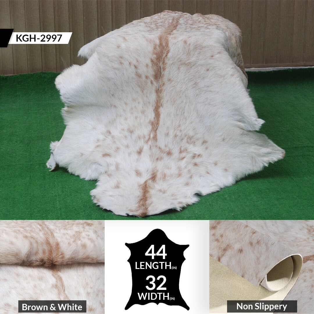 Luxurious Brown and White Genuine Goat Hide Rug - Premium Hair-on Skin Rug for Home Decor - Celestial Leather Limited