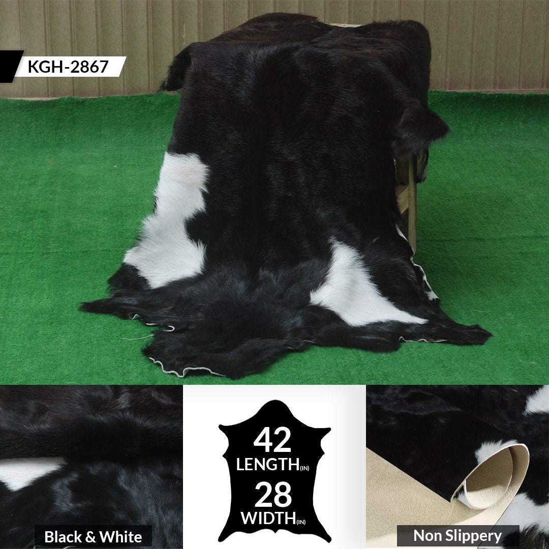 Statement-Making Black & White Goat Hide Rug - Premium Hair-On Goatskin - Modern Sophistication - Natural, Kid - Pet-Friendly