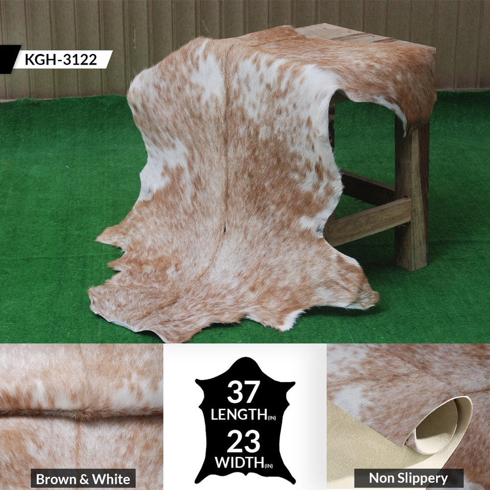 Luxurious Brown and White Goat Hide Rug - Premium Hair-On Natural Goatskin with Unique Patterns and Non-Slip Suede Back - Celestial Leather Limited