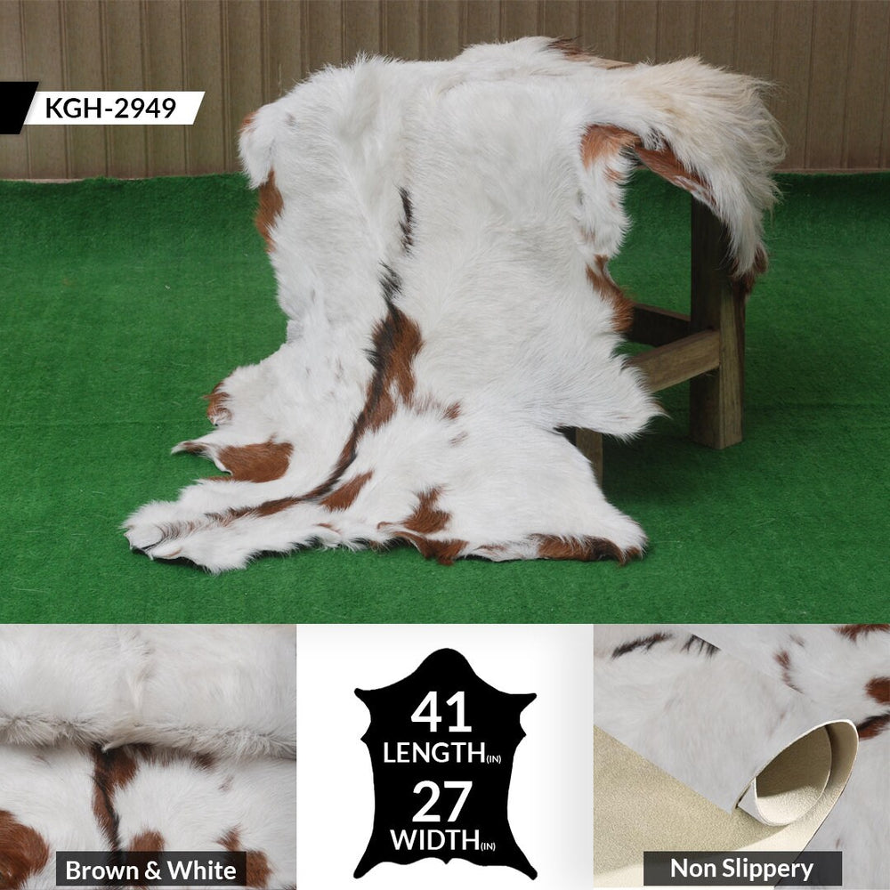 Luxurious Brown and White Goat Hide Rug | Handcrafted Premium Goatskin Rug - Sustainable, Eco-friendly, Hypoallergenic, Non-slip Suede Back - Celestial Leather Limited