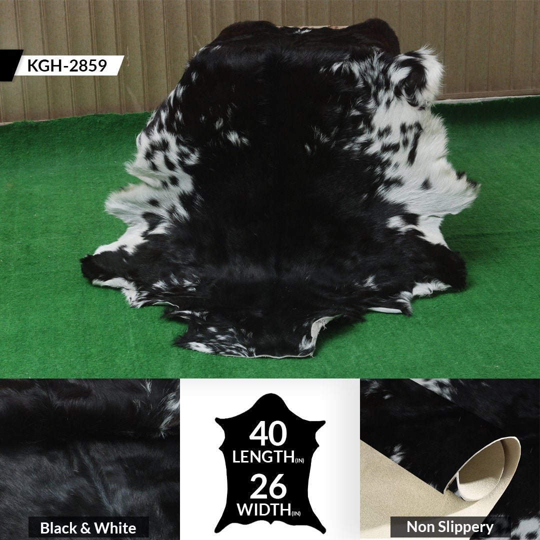 Luxury Black & White Goatskin Rug - Modern Décor, Soft - Pet-Friendly, Unique Natural Hair on Leather, Eco-Friendly Wall Art