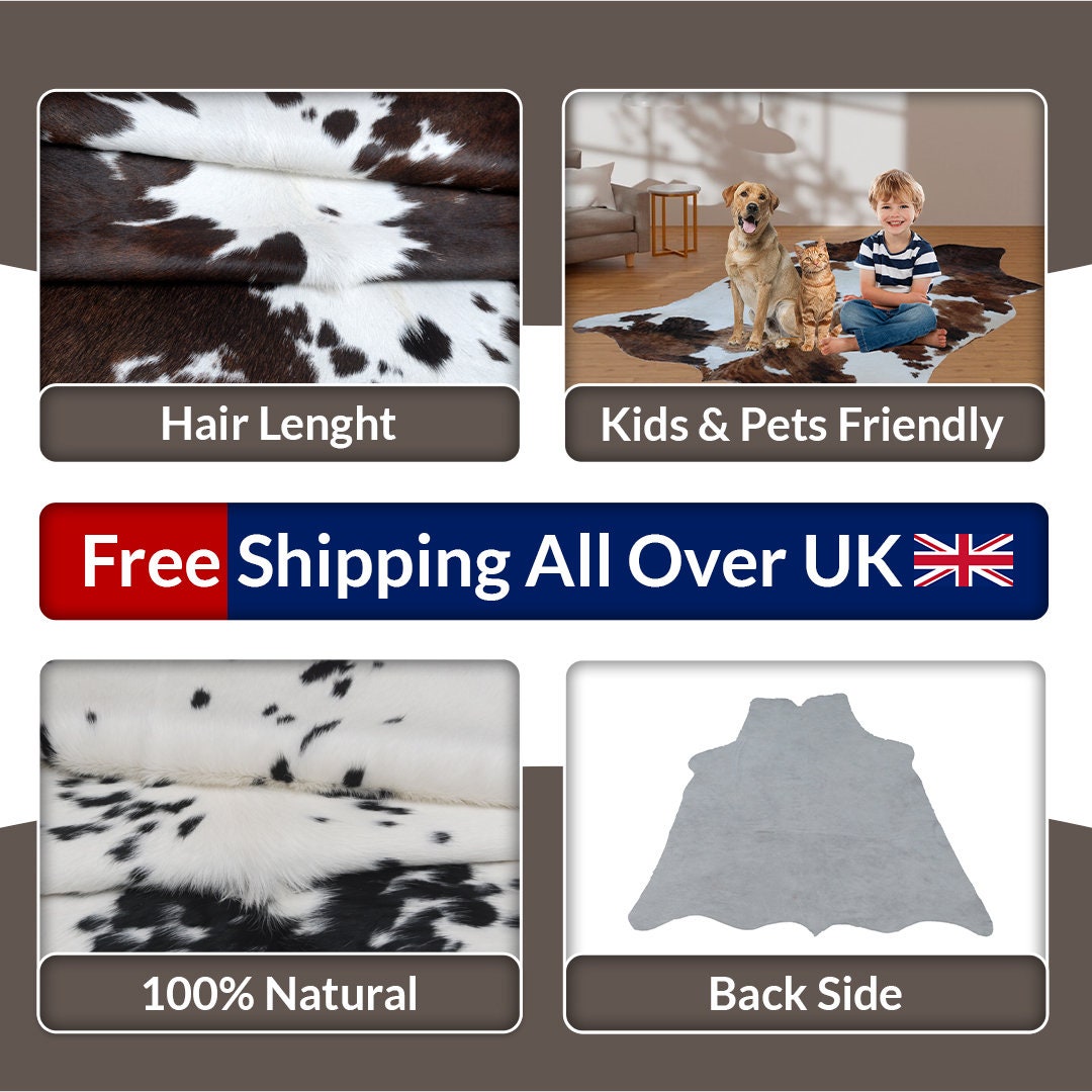 Luxurious Black and White Cowhide Rug with Large Hair - Hypoallergenic, Non-Slip, Non-Shedding - Unique Natural Beauty - Free Shipping!