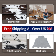 Luxurious Black and White Cowhide Rug with Large Hair - Hypoallergenic, Non-Slip, Non-Shedding - Unique Natural Beauty - Free Shipping!