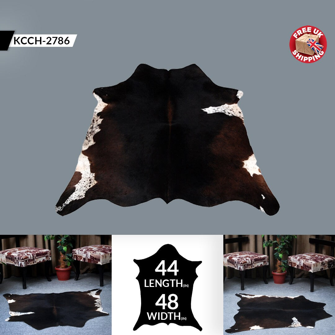 Luxurious Natural Dark Brown and White Cowhide Rug with Small Animal Print - Hypoallergenic, Non-Slip Suede Back, Non-Shedding - Handcrafted