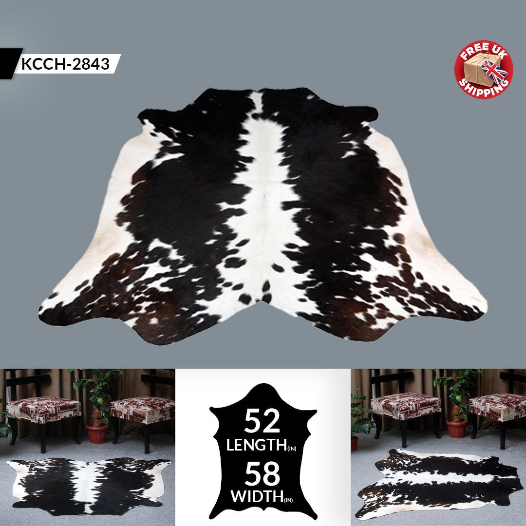 Luxurious Handcrafted Brown and White Cowhide Rug | Medium Size with Non-Slip Backing | Hypoallergenic and Unique Natural Beauty