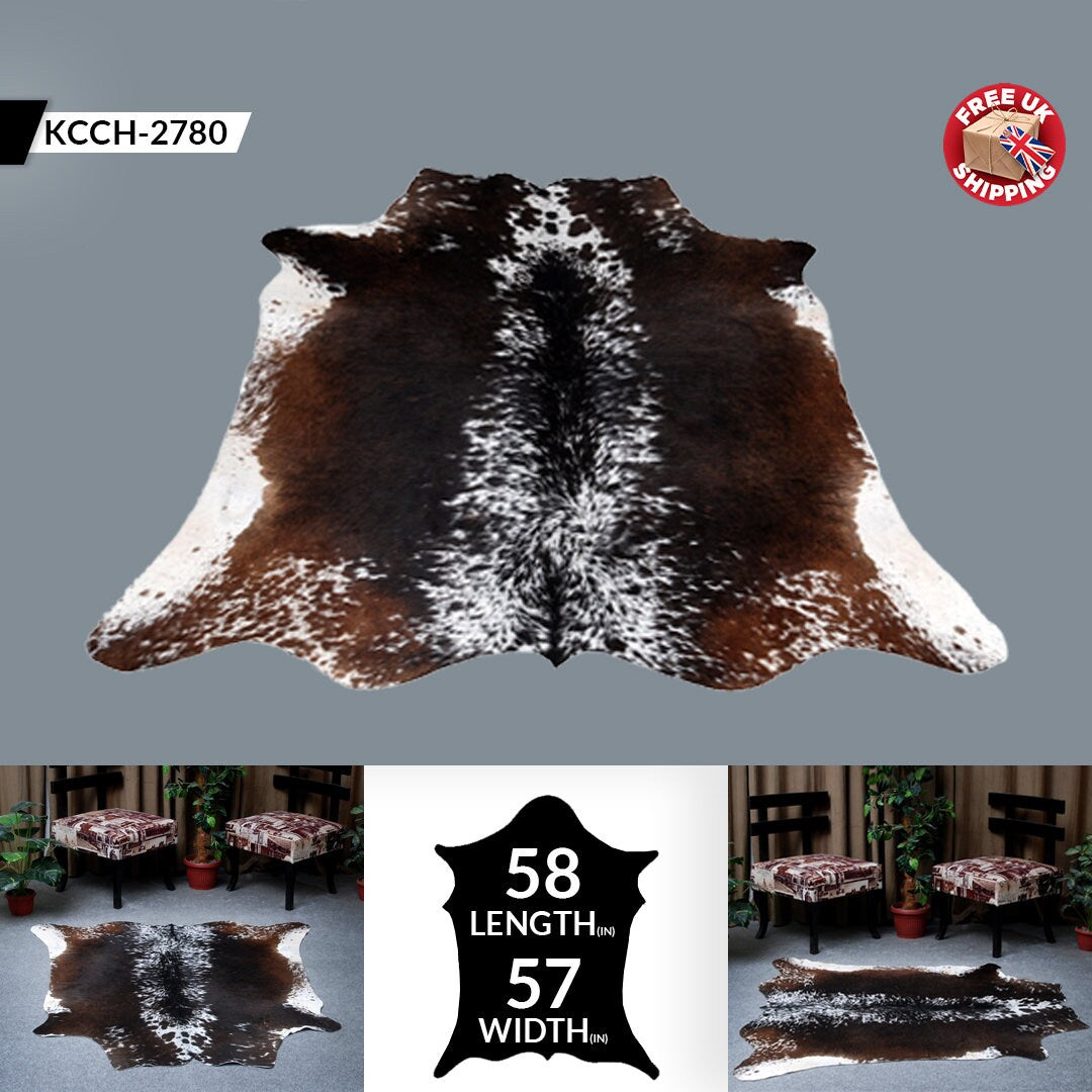 Luxurious Dark Brown & White Cowhide Rug | Animal Print Large Carpet for Lounge - Hypoallergenic - Non-Slippery Suede Back, Unique Markings