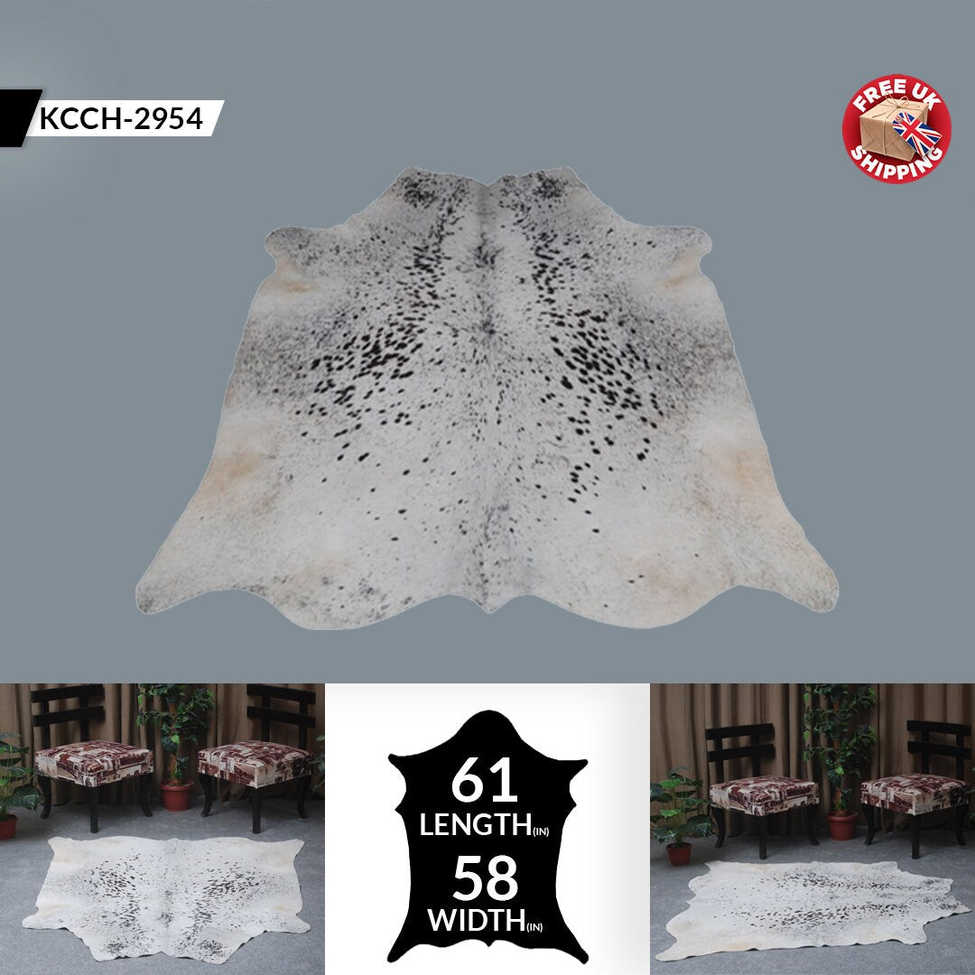 Luxurious Grey & White Cowhide Rug with Large Hair - Hypoallergenic, Non-slip Backing, Unique Natural Beauty - Free Shipping!