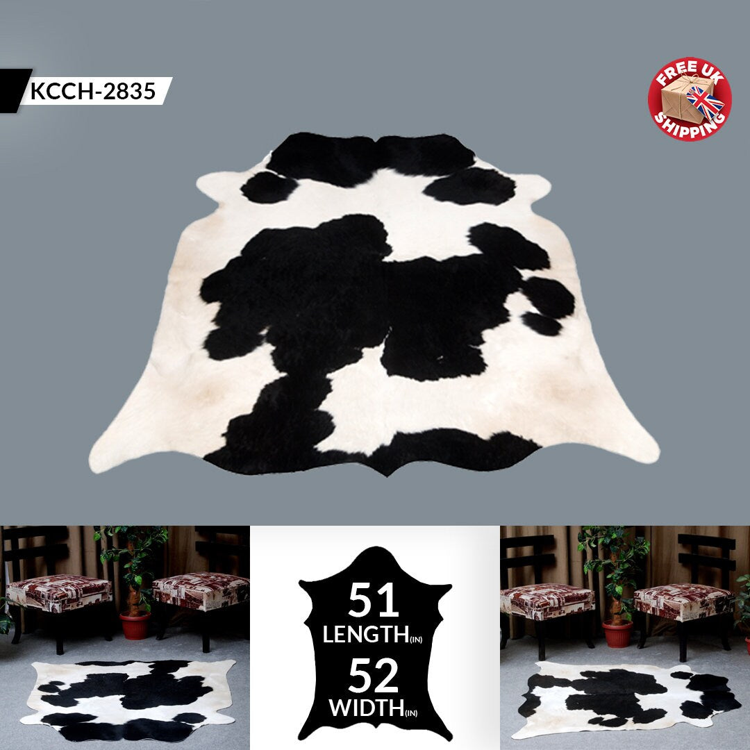 Luxury Black and White Cowhide Rug - Hypoallergenic & Non-Slip Backing, Handcrafted Natural Hide, Unique Markings, Durable and Versatile Rug