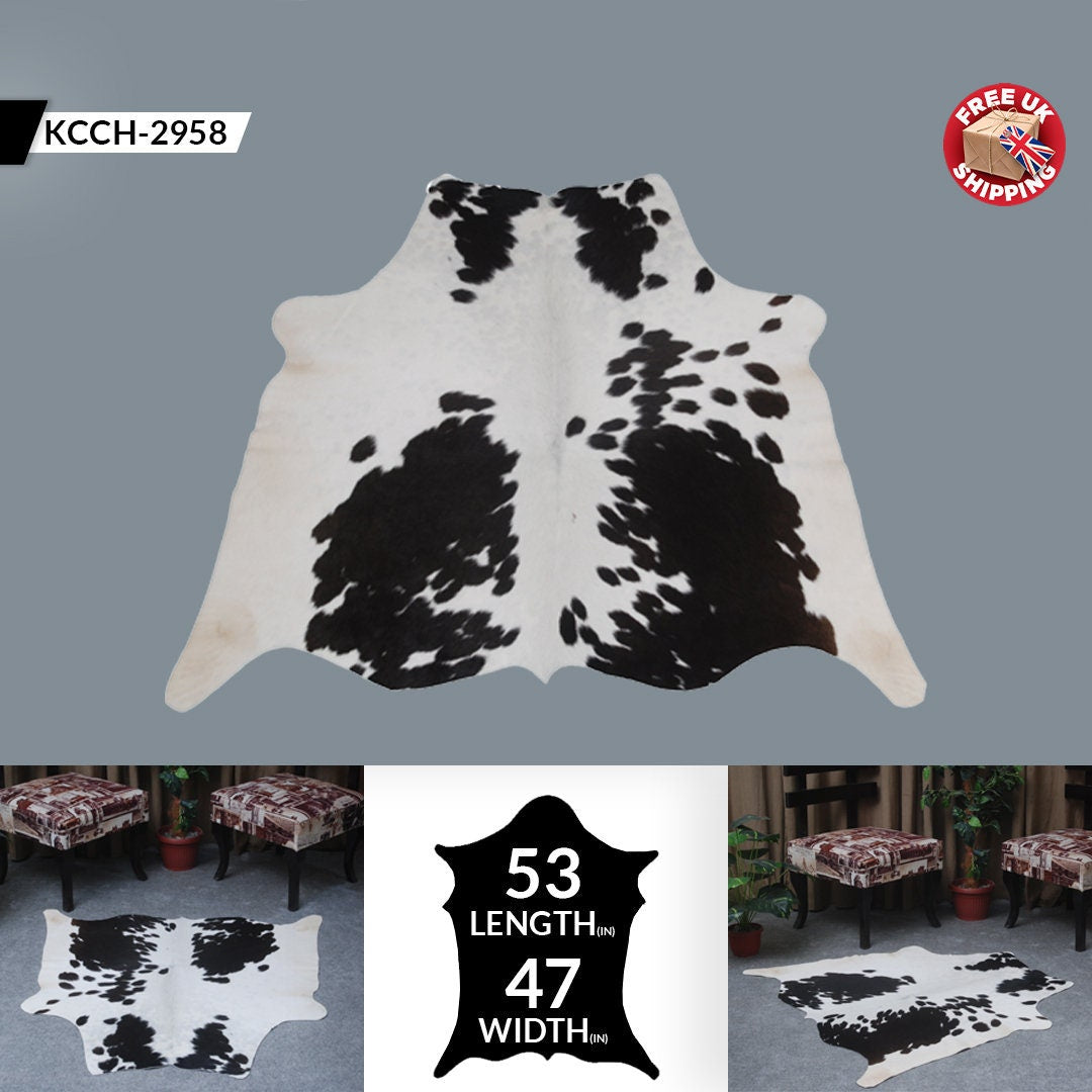 Luxury Handcrafted Cowhide Rug in Bold Black and White - Stunning Home Décor Accent with Hypoallergenic Properties