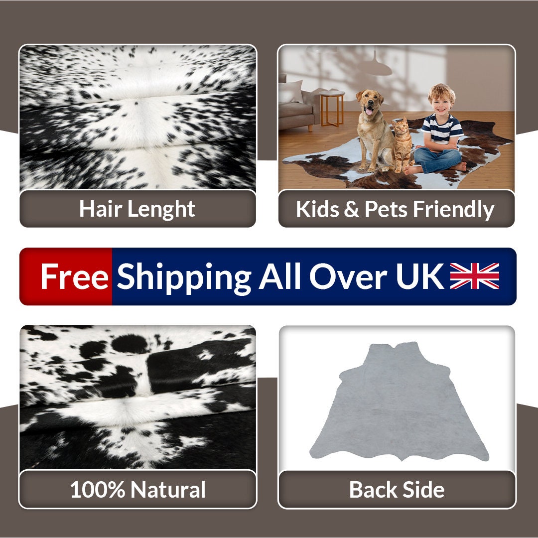 Luxurious Black & White Cowhide Rug: Hypoallergenic, Non-Slip Back, Unique Natural Beauty - Ideal for Bedroom - Living Room Decor