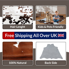Luxury Brown and White Cowhide Rug - Small Size, Hypoallergenic, Non-Slip Back, Unique Natural Cowskin, Durable and Elegant Area Rug