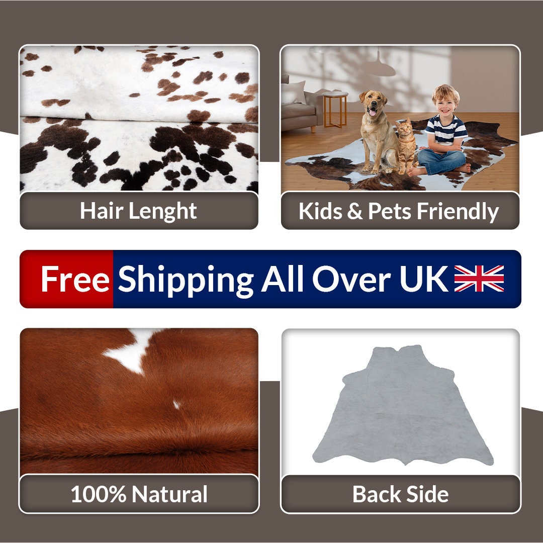 Luxury Brown & White Cowhide Rug - Hypoallergenic Non Slippery Suede Back - Handcrafted Natural Hide Carpet for Bedroom Living Room